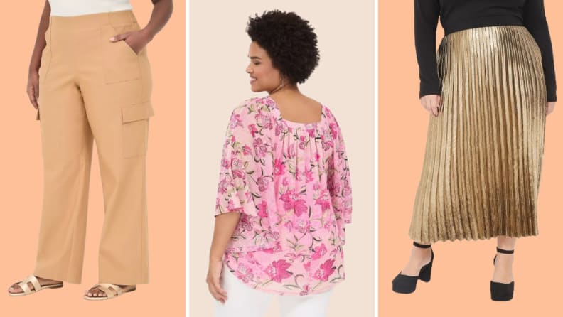Collage of three plus-size options: A black and white striped sweater, a purple velvet dress, and a pink puffer coat.