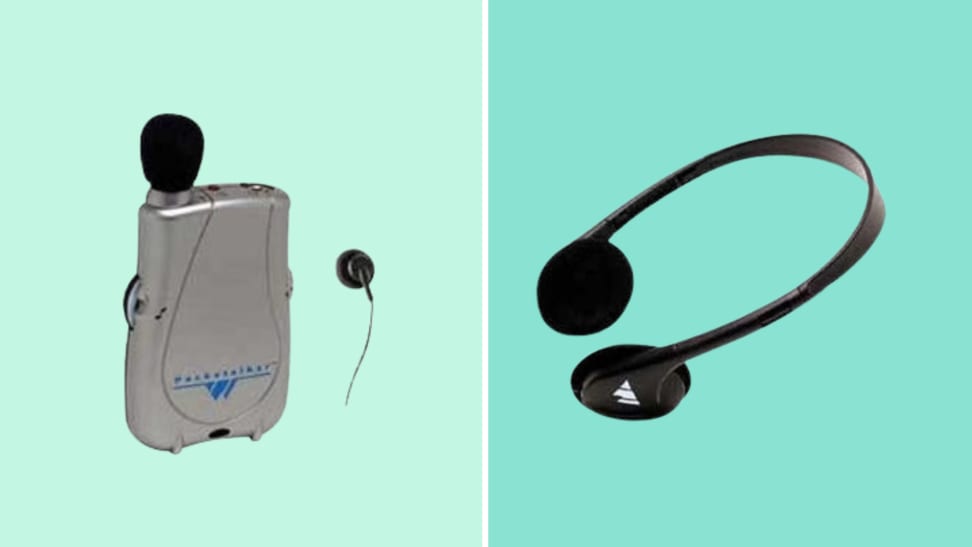 A split image of the Pocketalker Ultra Duo Sound and accompanying pair of headphones.