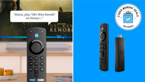 a two panel image of an Amazon fire TV remote. The right image shows a remote on a blue background