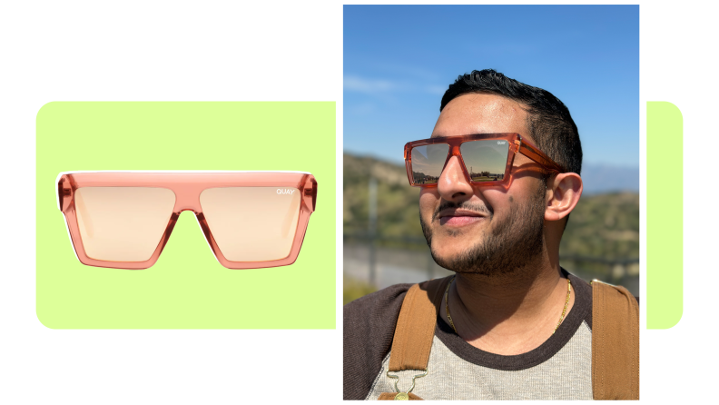 A product shot of a pink pair of glasses, and a shot of the same glasses seen on the author.