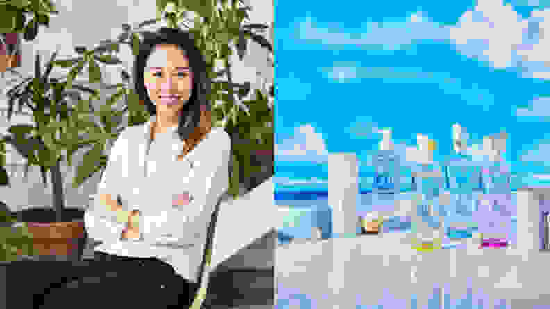 Left: Asian female founder of Blue Land,  Right: Blue land cleaner bottles on cloudy background