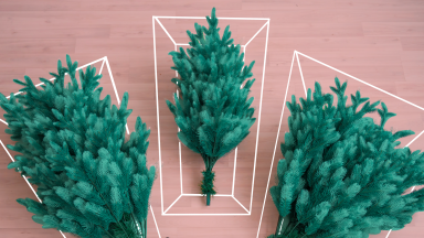 Three small green artificial Christmas trees on wooden floor inside of clear boxes.