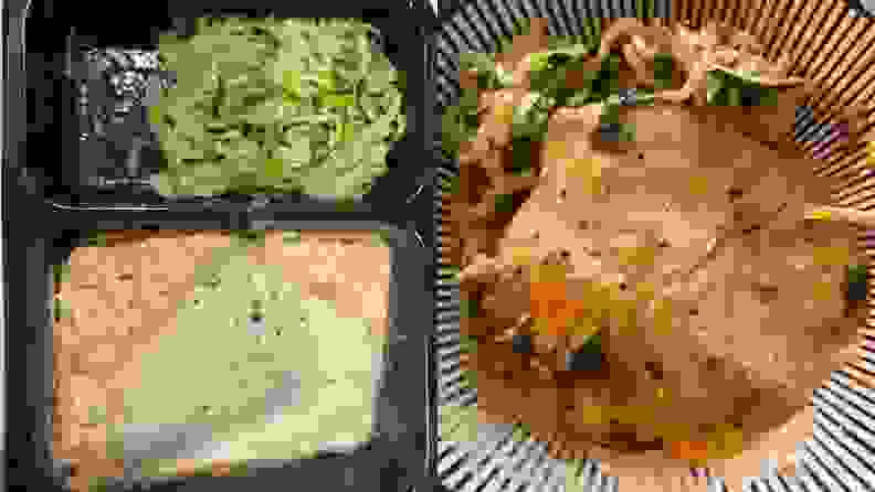 Left: Factor chicken and vegetables meal in its packaging. Right: Same meal plated