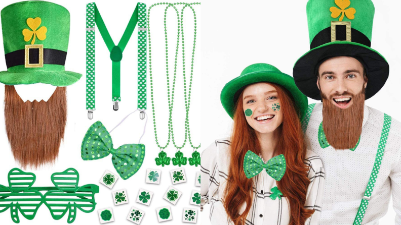 A selection of green accessories like suspenders, bow ties and even a top hat (complete with a beard).