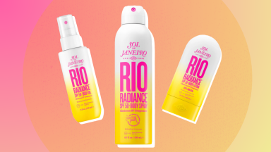 Collage of the three Sol de Janeiro Rio Radiance Collection products against a pink and orange background.