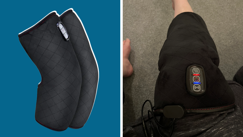 A solo picture of a Comfier Knee Brace and a top-down view of a person wearing it.
