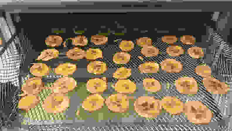 A tray of banana chips comes out of the Ninja Foodi Air Fryer Oven.