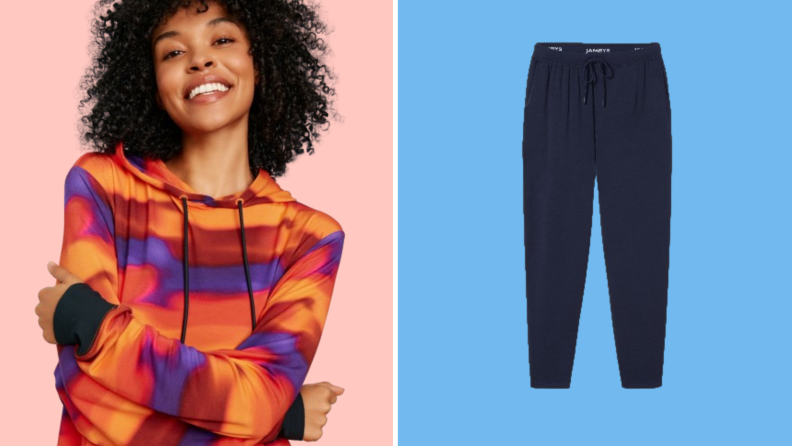 Collage image of a woman wearing a hoodie sweatshirt with a pink, orange, red, and purple print, and on the right is a product shot of navy blue lounge pants.