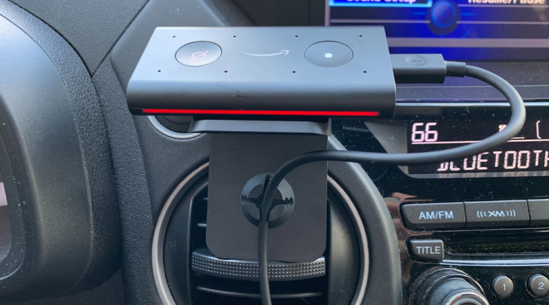 The Echo Auto has a mute button on the top of the device, which turns red when activated.