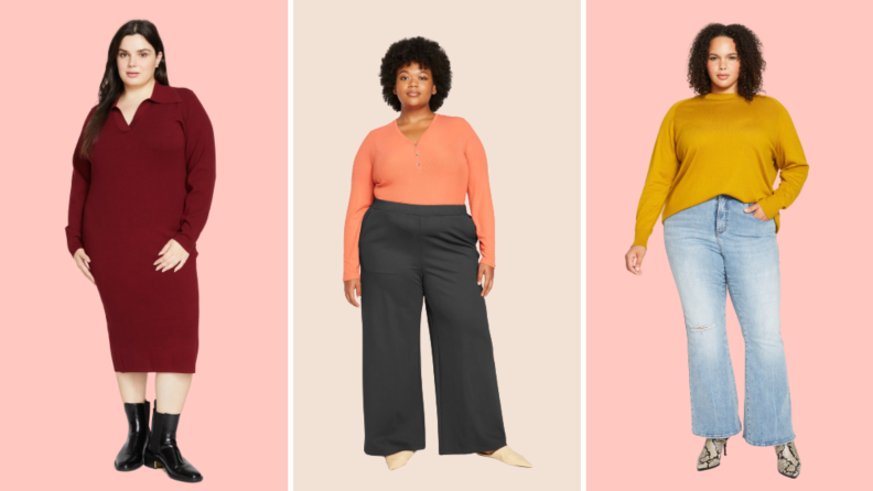 Collage of three plus size options: a red sweater dress, navy pants, and a yellow top.