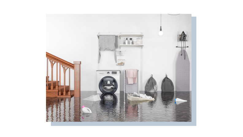 The basement laundromat of a house completely flooded with water.