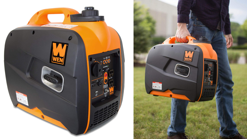 Left: generator on a white backdrop, Right: person outside holding generator by the handle