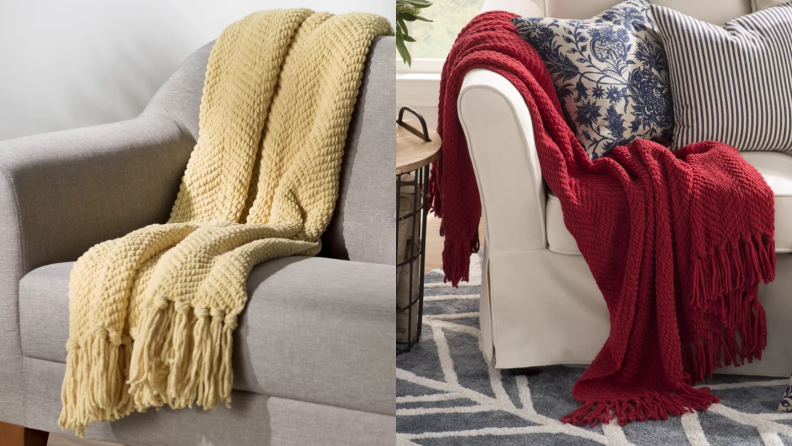 A yellow blanket draped over a chair next to an image of a red blanket draped over a couch