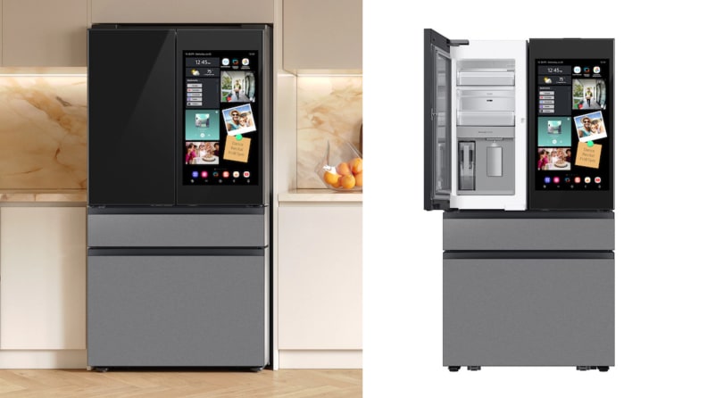 Left: The Samsung RF90F29AECR in a kitchen. Right: the Samsung RF90F29AECR with its top left door open.