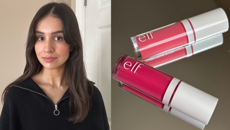 Portrait of a woman and a photo of two liquid blushes from E.L.F. Cosmetics against a mirror.