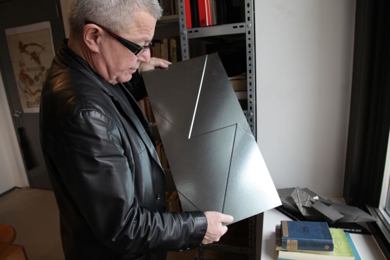 Daniel Libeskind inspects tile for the Casalagrande project. [Photo: Lana Barkin]
