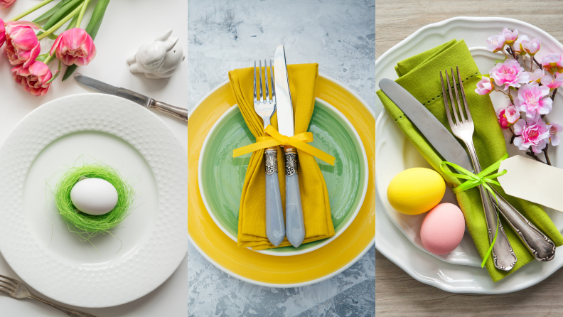 Easter dinner table setting with pink tulips and an egg on a white plate.