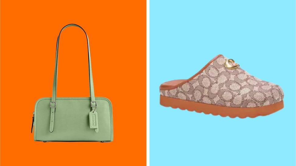 A Coach Swing Zip handbag and a Coach Hadley Slipper in front of colored backgrounds.