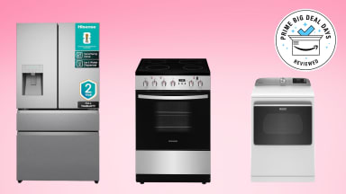 Hisense fridge, Frigidaire range and LG dryer on a pink gradient background