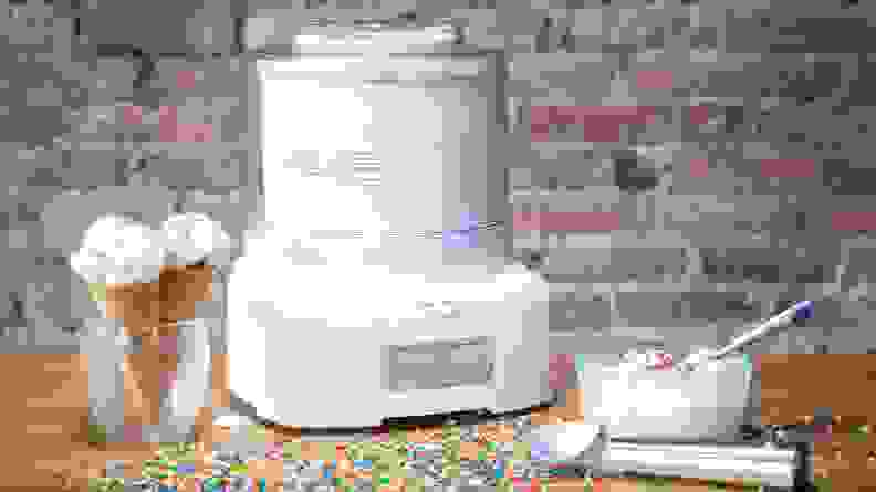 An ice cream maker on a kitchen counter.