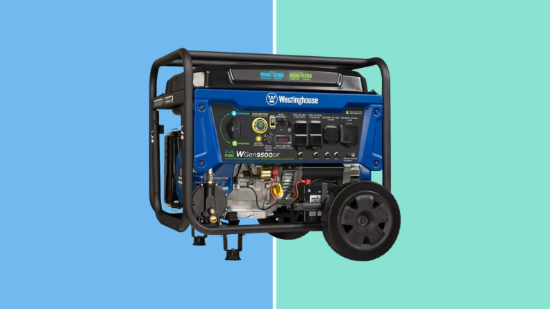 The Westinghouse Portable Generator on a blue and green background.