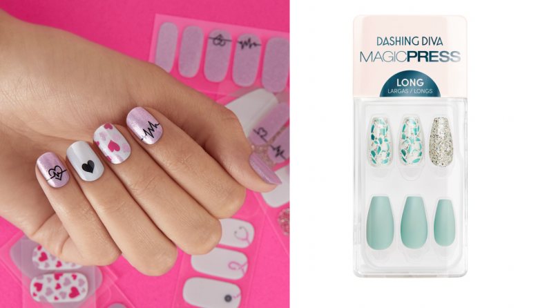 On the left: A model wearing dashing diva nail stickers with heart and start designs. On the right: A pack of light turquoise Dashing Diva press on nails in a mint green color