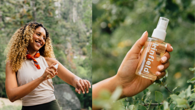On the left: A woman wearing a tank top and a bandana around her neck poses with her left arm out and spray s the Golden Hour bug spray with her right hand. She's in the forrest. On the right: A hand holds out the Golden Hour bug spray with green foliage in the background.