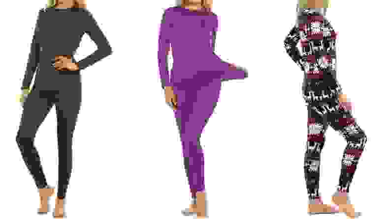 Three images: In the first, a model shows off a set of form-fitting, plain-black pajamas. In the second, a model poses in a purple set of the same style pajamas. On the far right, a model poses in pajamas with an ornate, winter-themed pattern featuring stags.