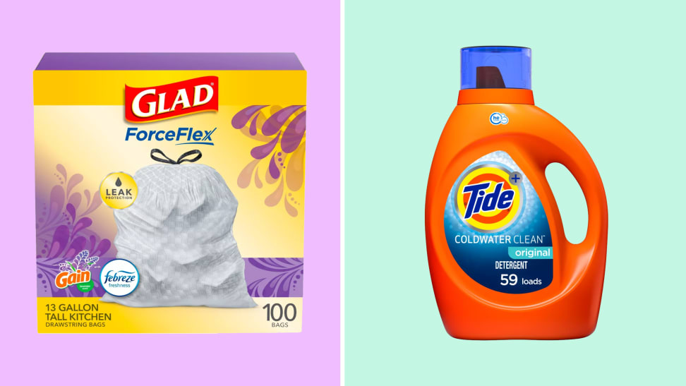 A colorful collage with Glad trash bags and Tide laundry detergent.