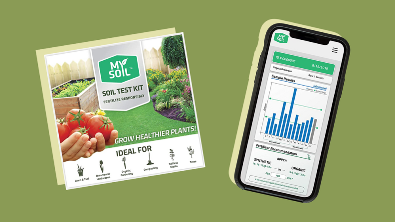 A flier for MySoil soil test kit is laid out next to a cell phone screen showing bar graph results for a sample vegetable garden.
