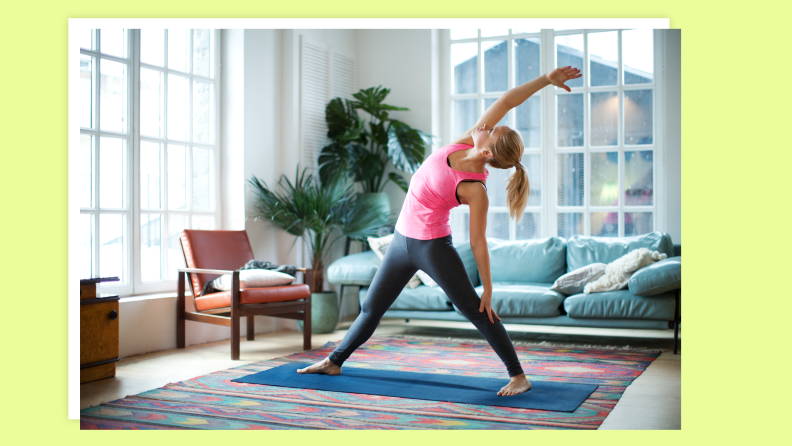 A person doing home workouts and stretches.