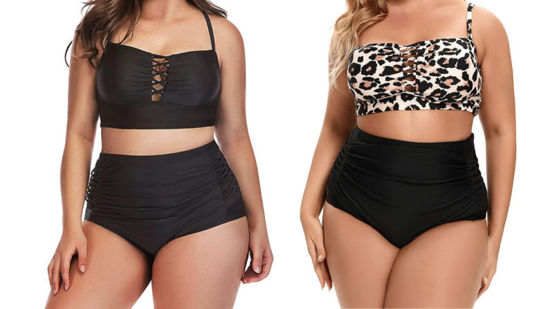 Two images of the same bikini. The first is all black and features a black lace front top with high waisted bottoms. The second has the same fit, but has a leopard print top.
