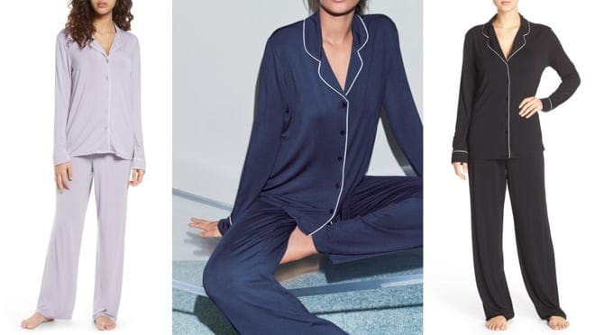 People wearing cotton pajama sets in gray, navy and black.