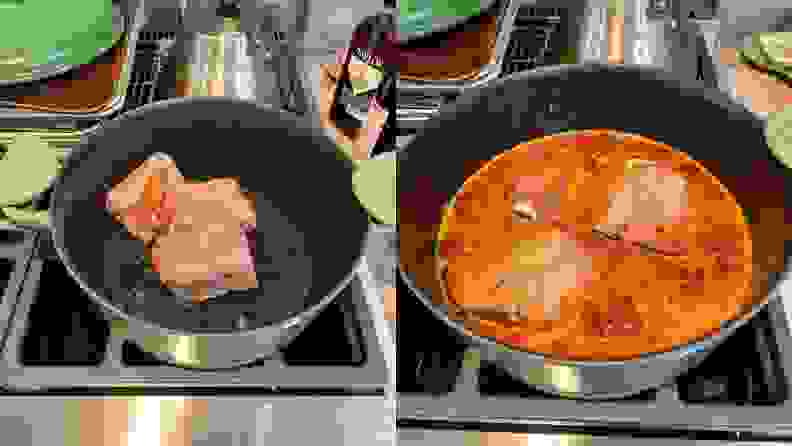 Photo collage of three chunks of meat sitting inside of pot next to broth sitting inside of pit on stovetop.