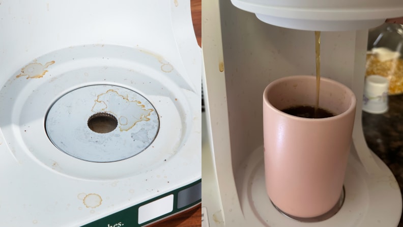 Two images: On the left, a coffee machine with coffee stains on it. On the right, a pink coffee mug in a coffee machine.