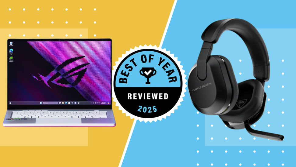 Yellow and blue background with Asus laptop and Turtle Beach headset in front of a badge with Best of Year 2025 Reviewed on it