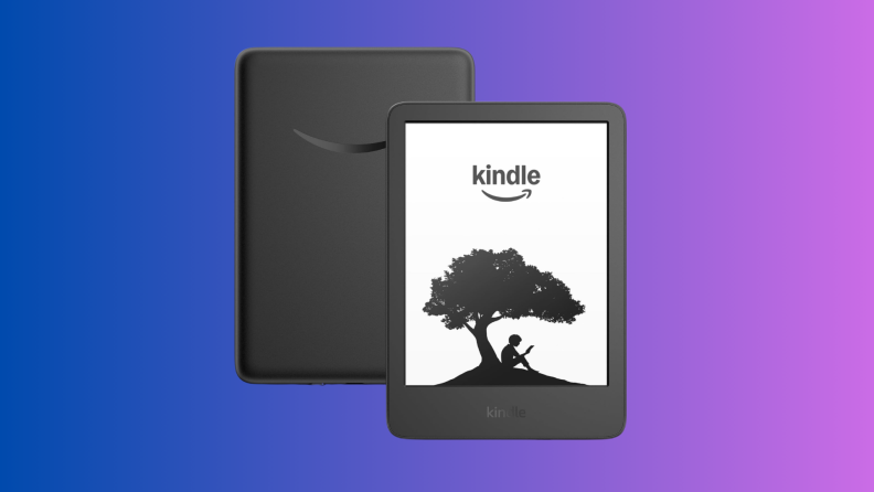 A Kindle e-reader sits on a blue and purple background