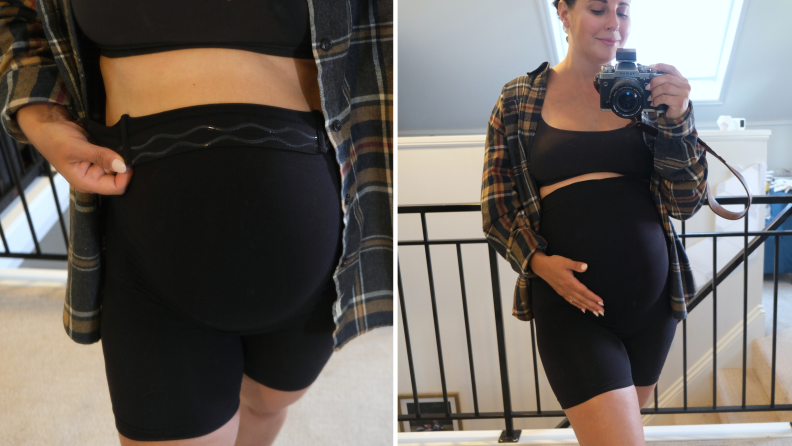 Two photos of a pregnant woman wearing black support shorts. One of the photos display the sewn-in boning.