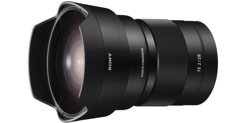 A manufacturer render of the Sony FE 28mm F2 with VCL-ECF2 Fisheye Converter.