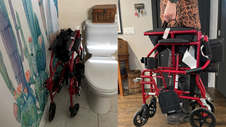 2 images of a Medline Ultralight chair in a bathroom and being carried