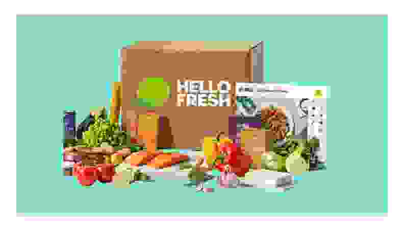 hello fresh box with all ingredients in front