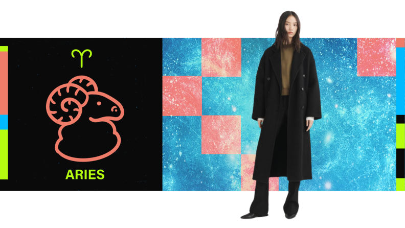 On the left is the symbol for Aries, and on the right is a model wearing a long wool coat.