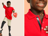 On left, young person rests prosthetic leg on football. On right, closeup of hook and loop closure on red polo.