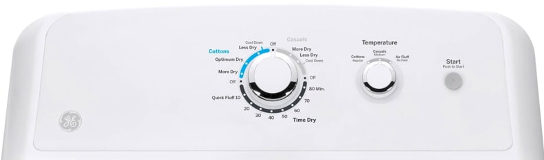 A close-up of the controls on the GE GTD33EASKWW front-loading dryer.