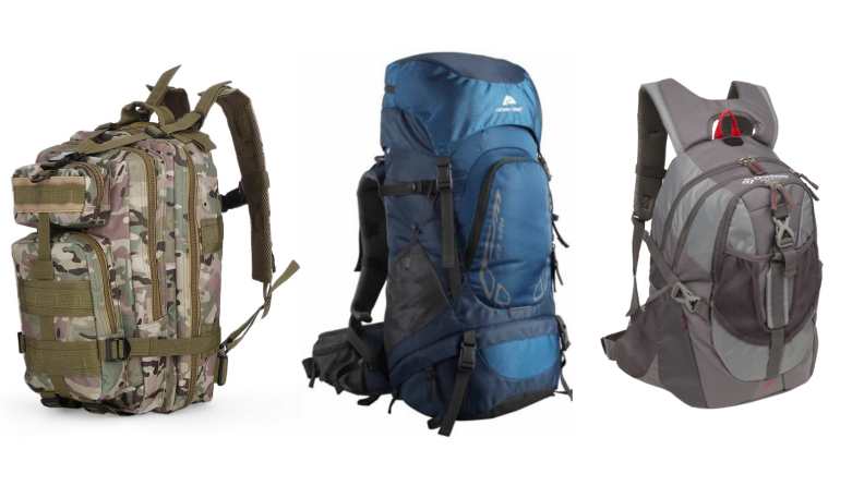 Three backpacks: Military camo backpack, hiking backpack, and outdoor backpack