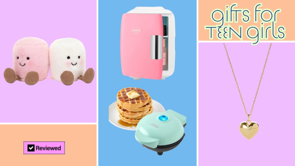 A Jellycat duo, skincare mini fridge, and an Ana Luisa puffy gold heart necklace.