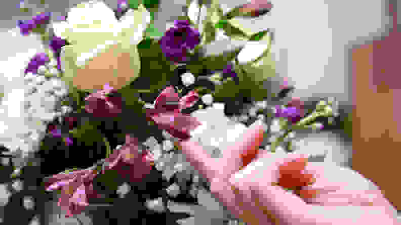 Hand touching a purple flower in a bouquet