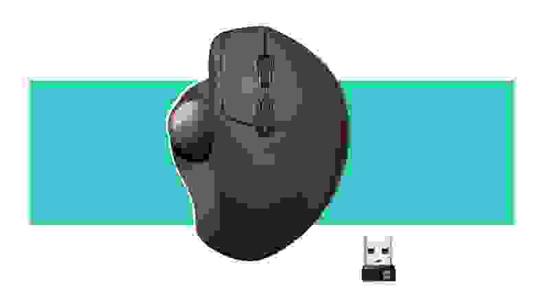 A black Logitech mouse on a teal background.