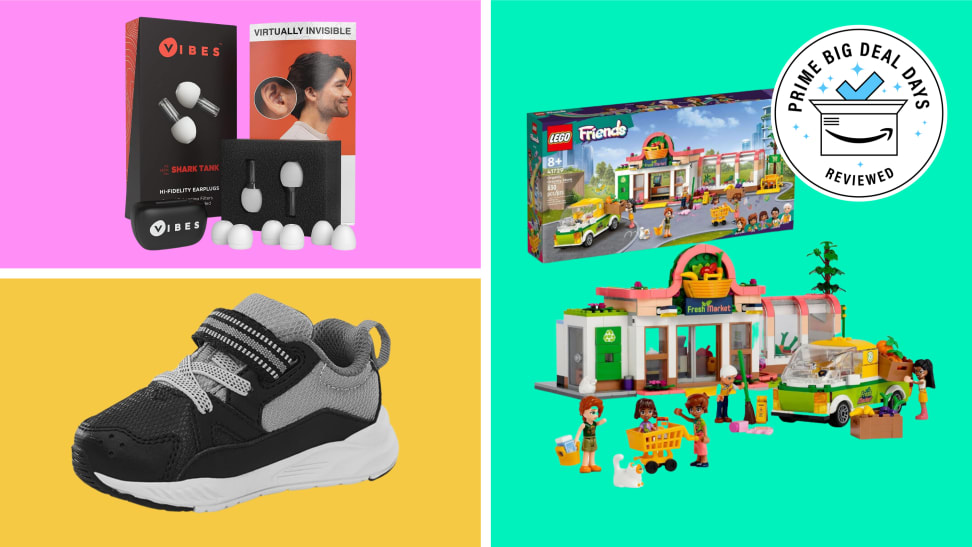 Earplugs, a Lego set, and a black sneaker sit on a colorblock background