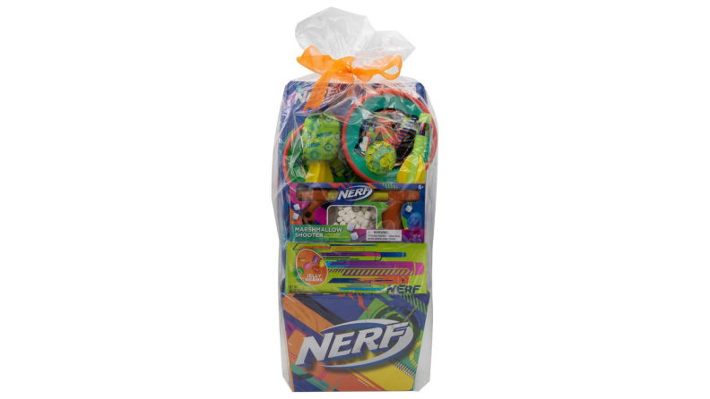 A Nerf-themed Easter basket includes a marshmallow shooter, splash ball, and paddle ball.